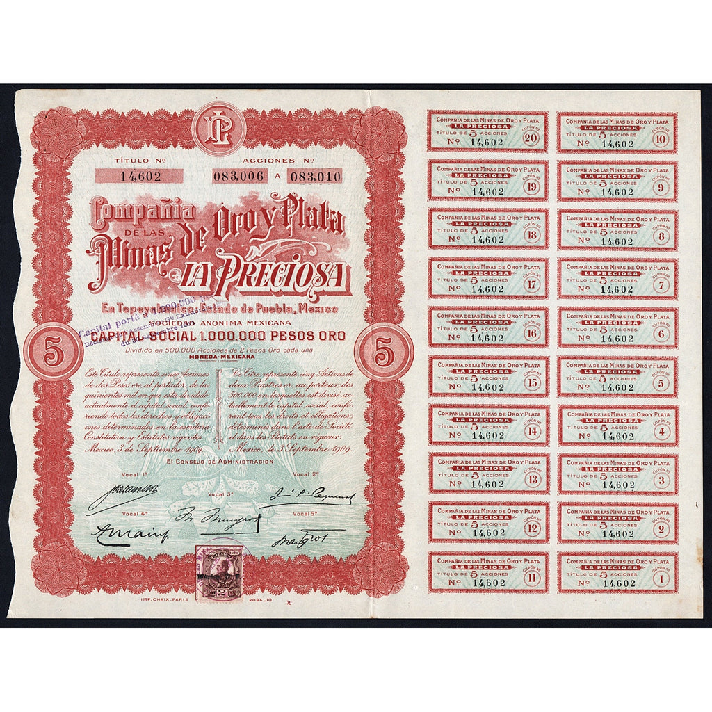 Compania de las Minas de Oro y Plata La Preciosa 1909 Mexico