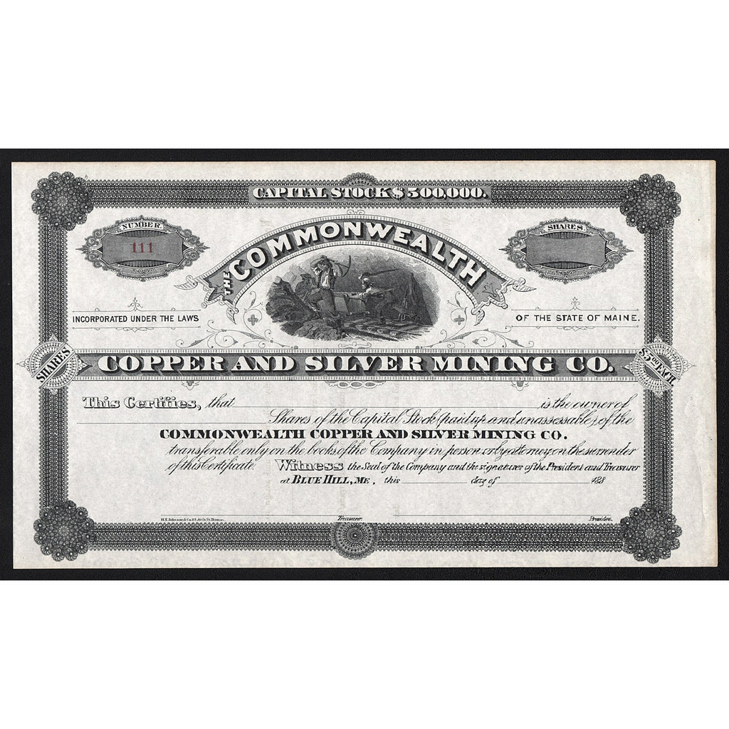Commonwealth Copper and Silver Mining Co. Blue Hill Maine Stock Certificate