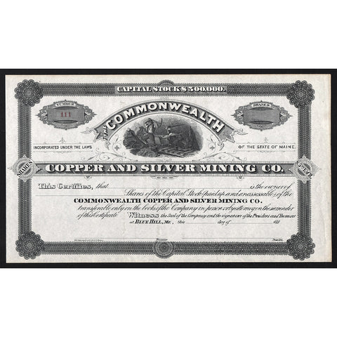 Commonwealth Copper and Silver Mining Co. Blue Hill Maine Stock Certificate