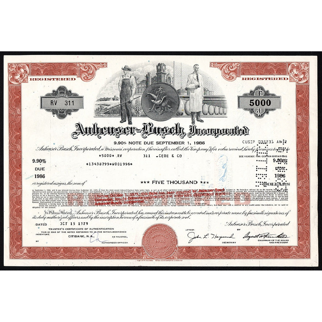 Anheuser-Busch, Incorporated Beer & Brewing $5,000 Bond Certificate