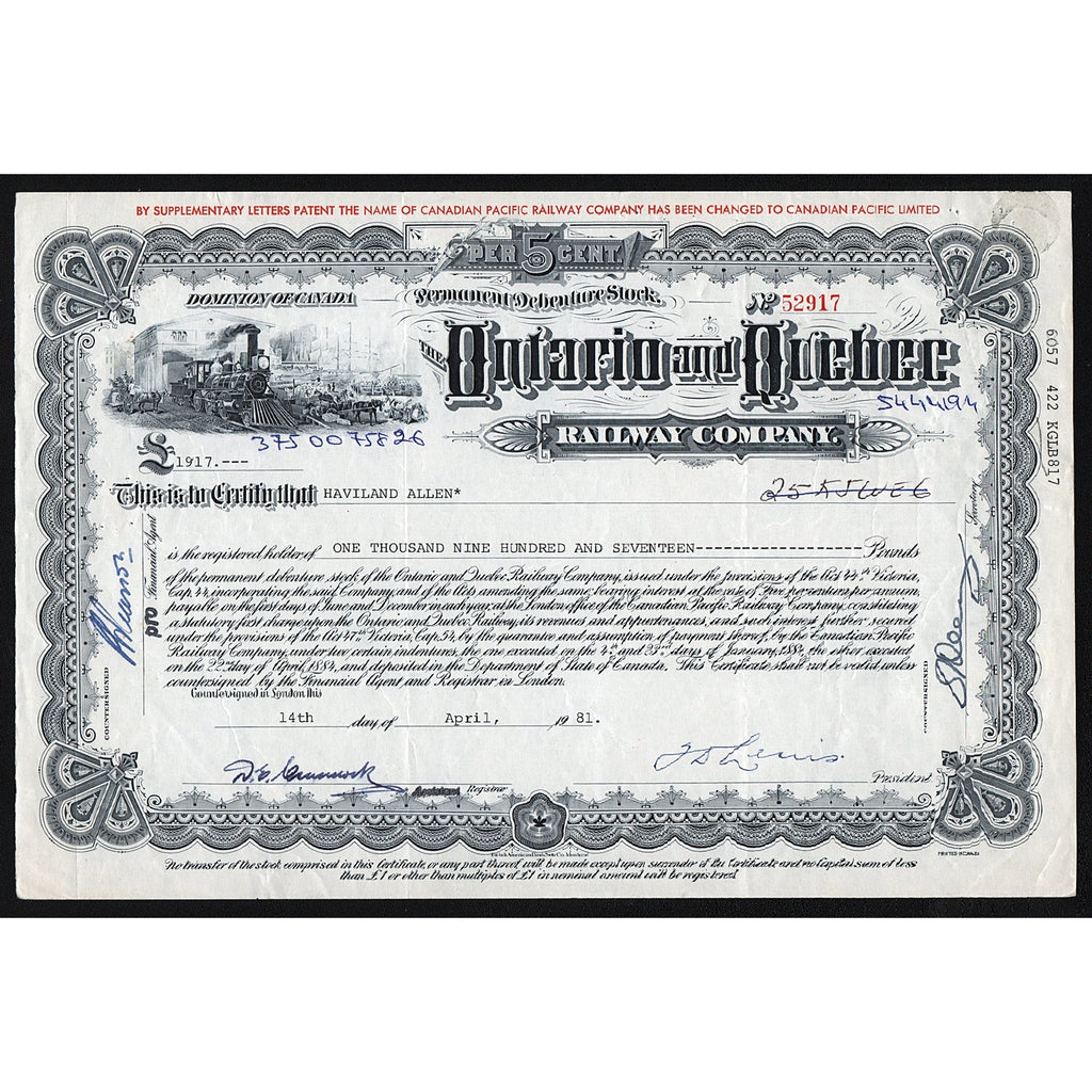 The Ontario and Quebec Railway Company Canada Stock Certificate