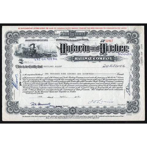 The Ontario and Quebec Railway Company Canada Stock Certificate