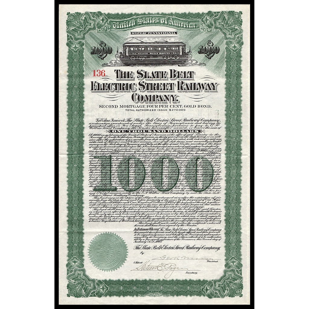The Slate Belt Electric Street Railway Company 1912 Pennsylvania Bond Certificate