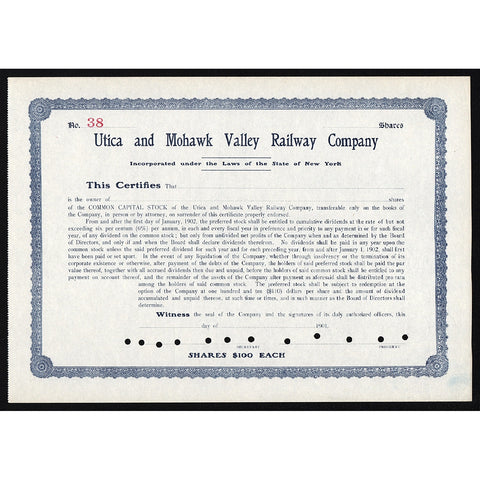 Utica and Mohawk Valley Railway Company New York Stock Certificate