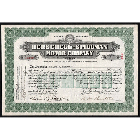 Herschell-Spillman Motor Company Massachusetts Stock Certificate