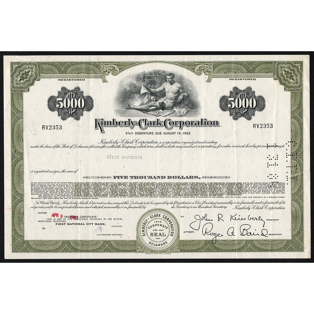 Kimberly-Clark Corporation Bond Debenture Stock Certificate