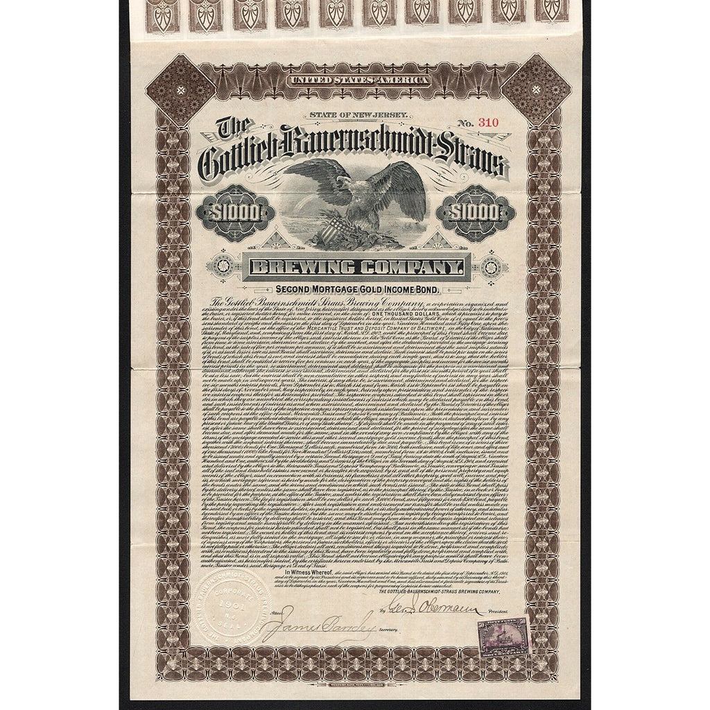 Gottlieb-Bauernschmidt-Straus Brewing Company (Gold Bond) Stock Certificate