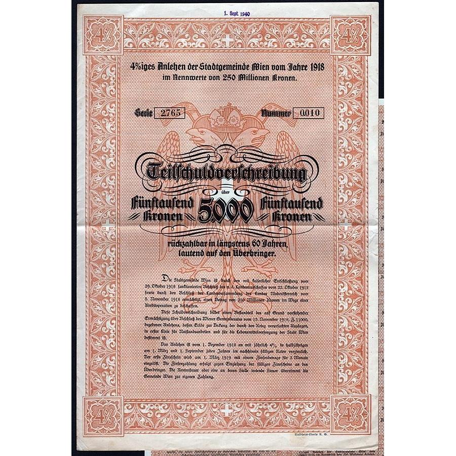 4%iges Anlehen der Stadtgemeinde Wien vom Jahre 1918 Austria Stock Certificate