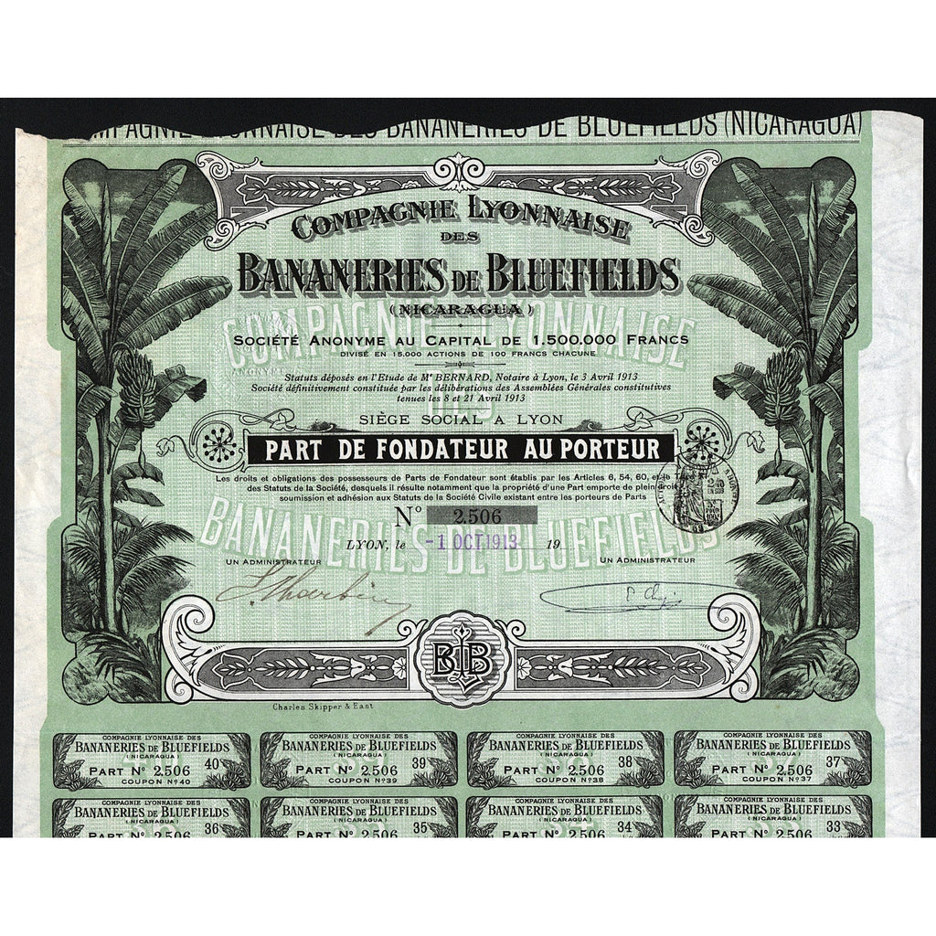 Compagnie Lyonnaise des Bananeries de Bluefields (Nicaragua) Stock Certificate
