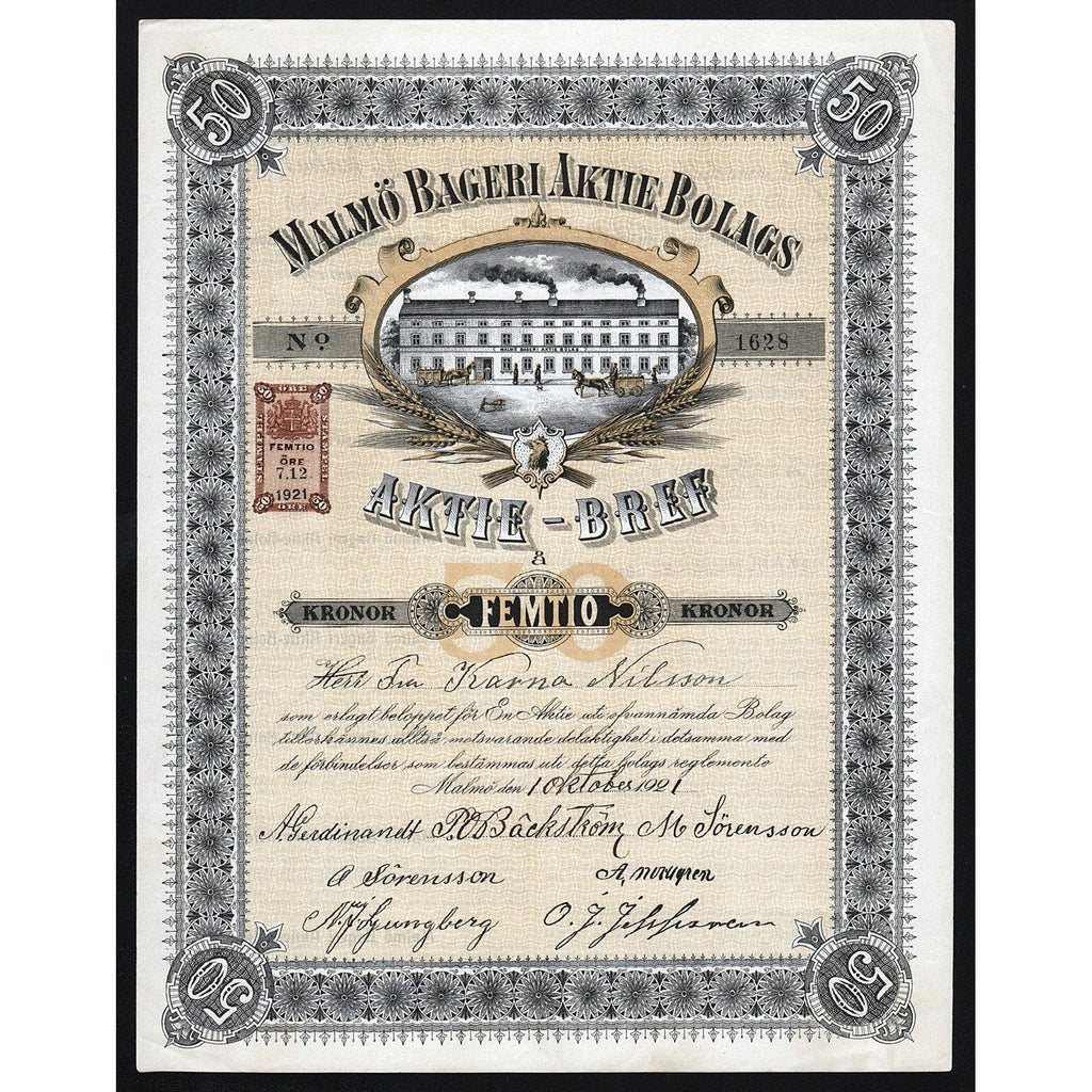 Malmö Bageri Aktie Bolags Aktie-Bref 1921 Sweden
