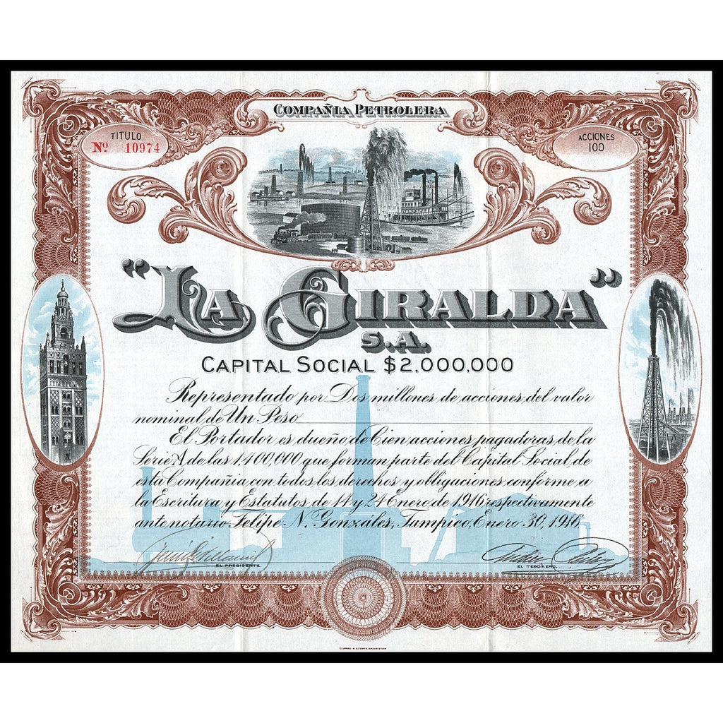 Compania Petrolera "La Giralda" S.A. 1916 Mexico Stock Certificate