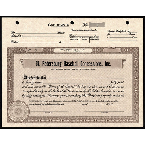 St. Petersburg Baseball Concessions, Inc. Florida Stock Certificate