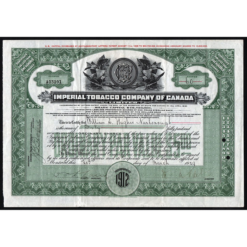 Imperial Tobacco Company of Canada Montreal 1929 Stock Certificate