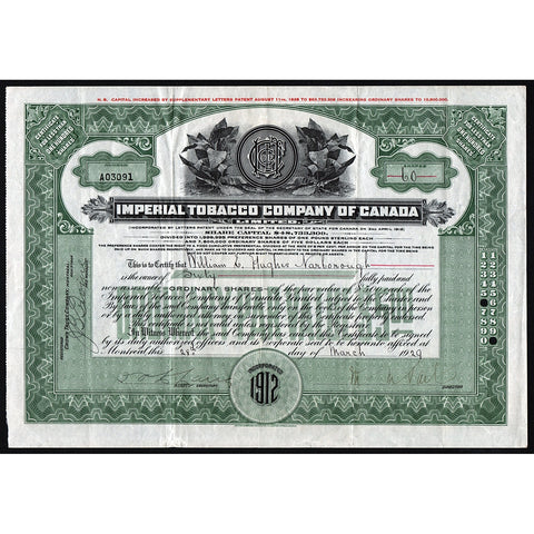 Imperial Tobacco Company of Canada Montreal 1929 Stock Certificate