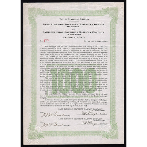 Lake Superior Southern Railway Company of Michigan/Wisconsin Bond Certificate