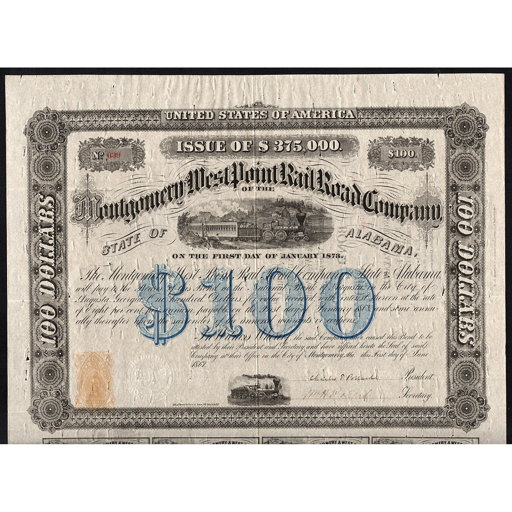 Montgomery and West Point Rail Road Company Alabama Bond Certificate