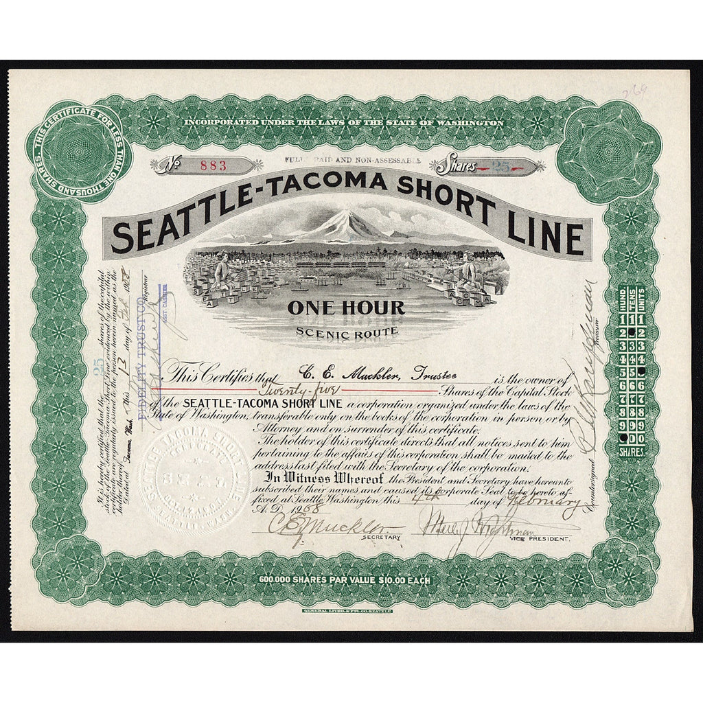 Seattle-Tacoma Short Line, One Hour Scenic Route Stock Certificate