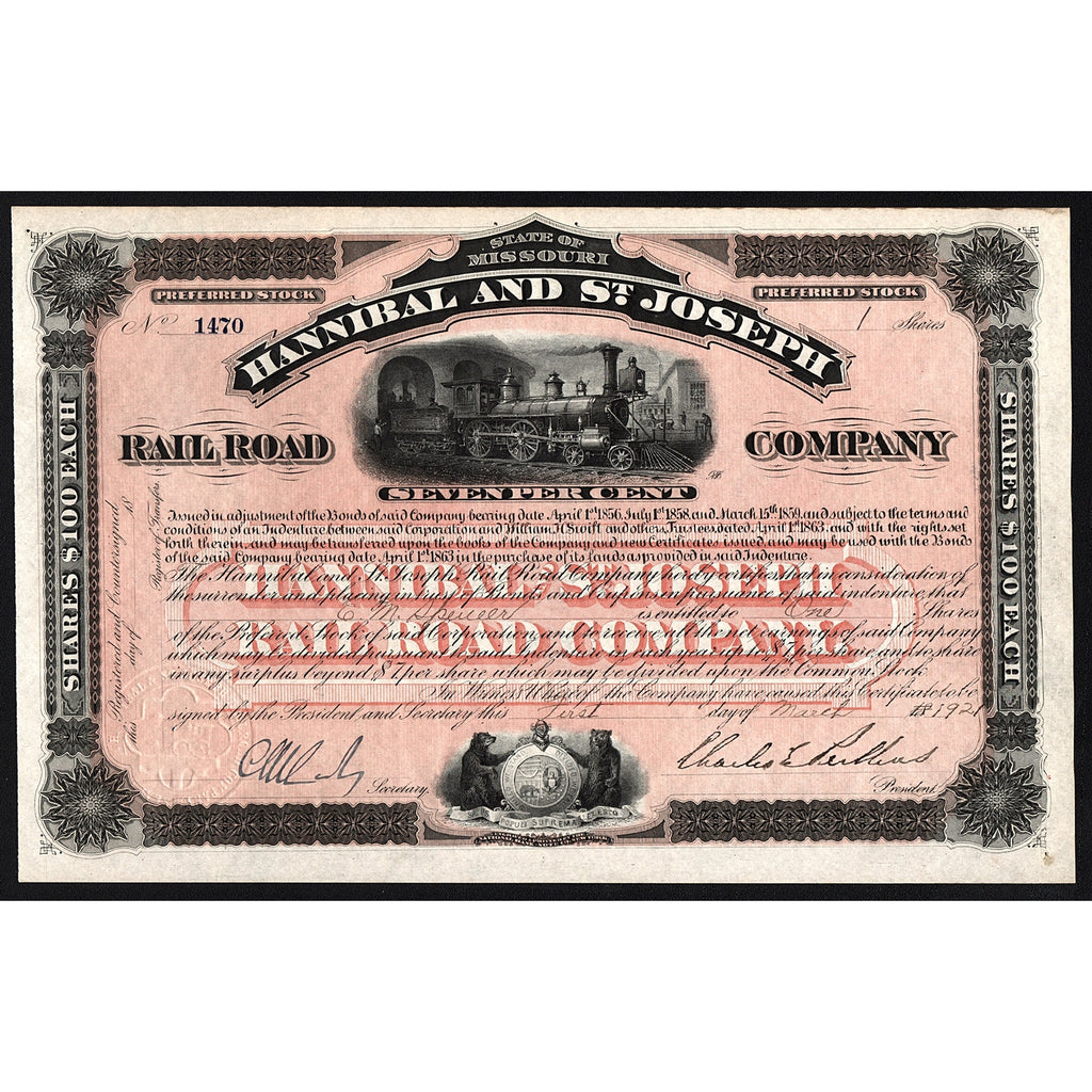 Hannibal and St. Joseph Rail Road Company Missouri Stock Certificate