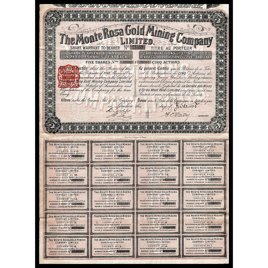 The Monte Rosa Gold Mining Company Limited Italy Stock Certificate