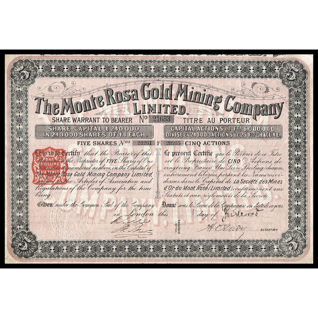 The Monte Rosa Gold Mining Company Limited Italy Stock Certificate