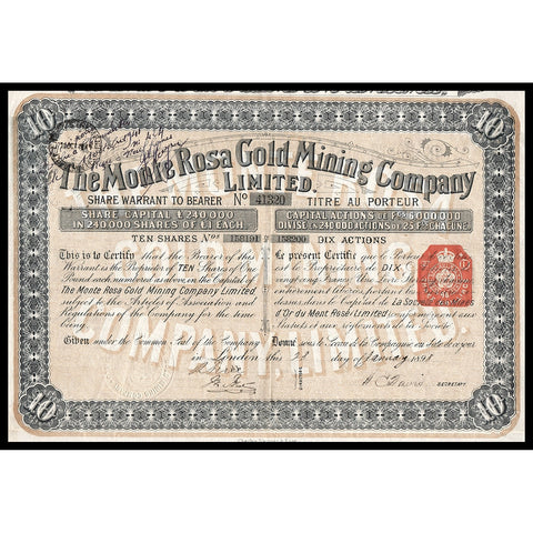 The Monte Rosa Gold Mining Company Limited Italy Stock Certificate