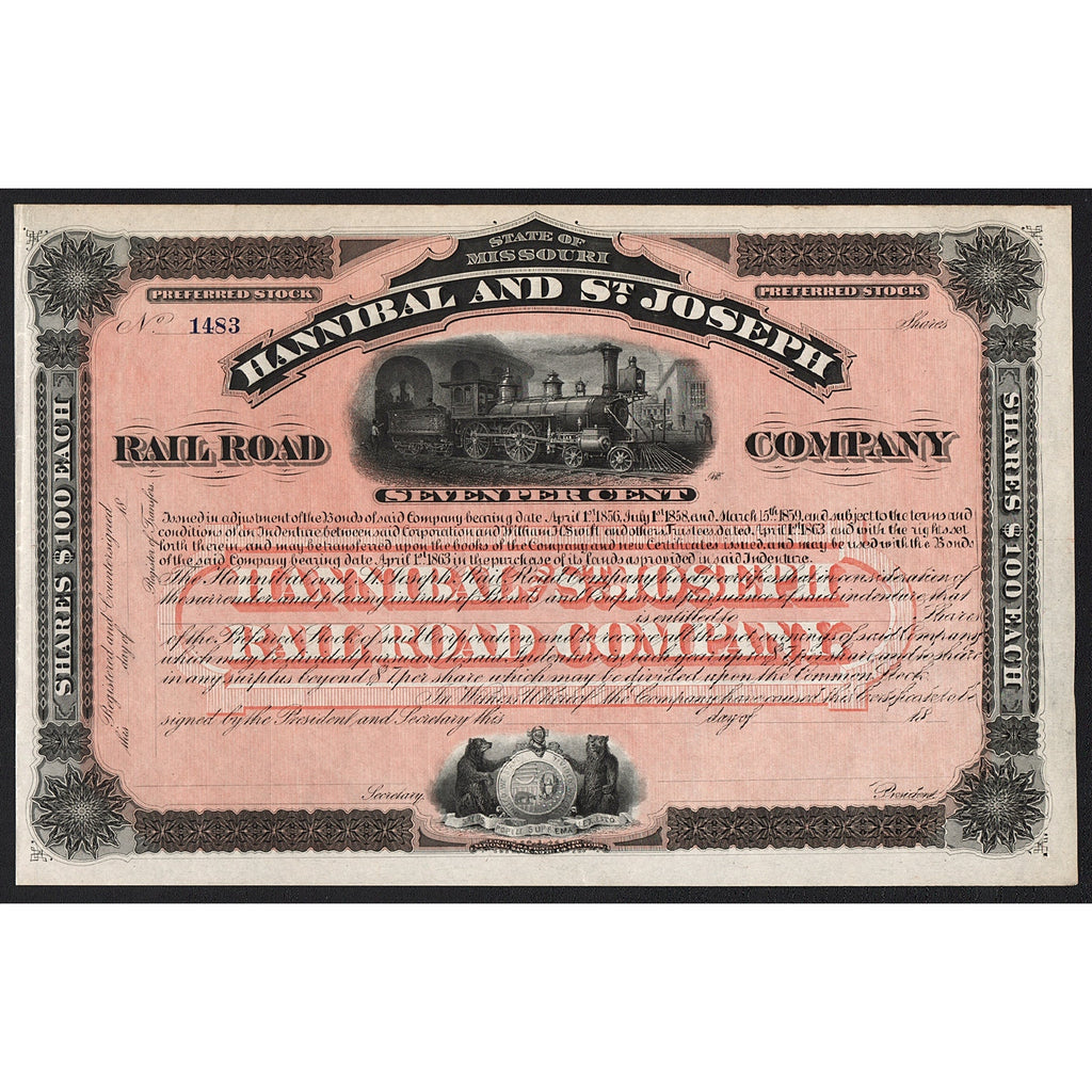 Hannibal and St. Joseph Rail Road Company Missouri Stock Certificate
