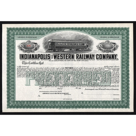 Indianapolis and Western Railway Company Indiana Stock Certificate