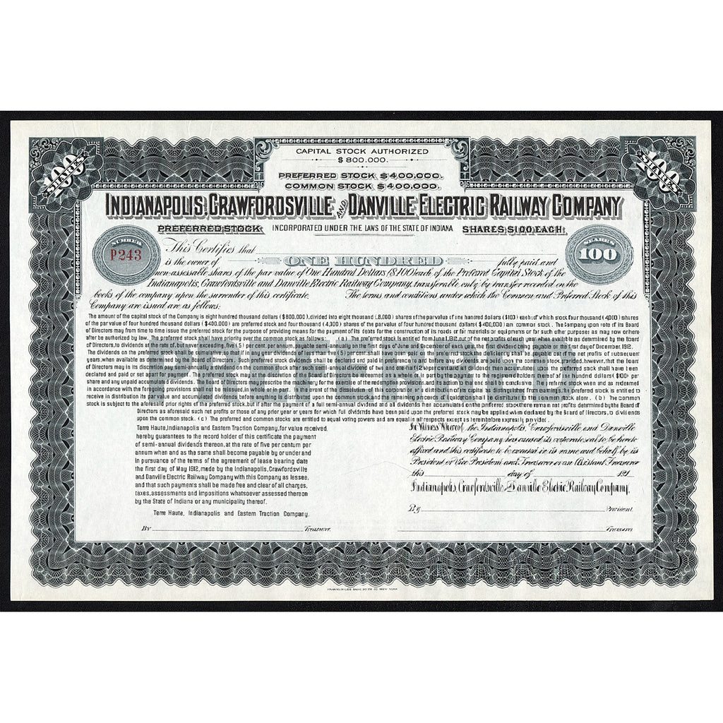 Indianapolis, Crawfordsville and Danville Electric Railway Co Indiana Stock Certificate