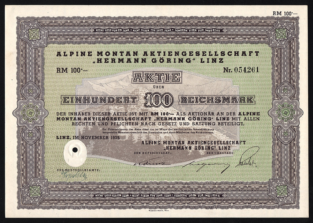 Alpine Montan Aktiengesellschaft, "Hermann Göring" Linz Austria 1939 Stock Certificate