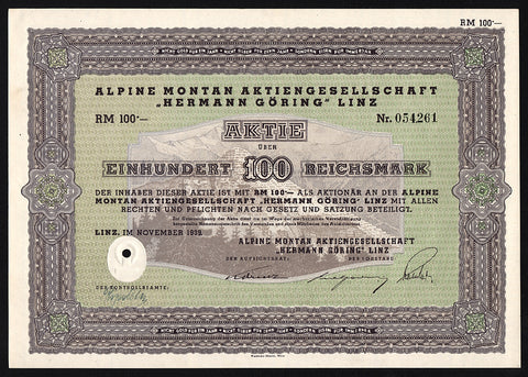 Alpine Montan Aktiengesellschaft, "Hermann Göring" Linz Austria 1939 Stock Certificate