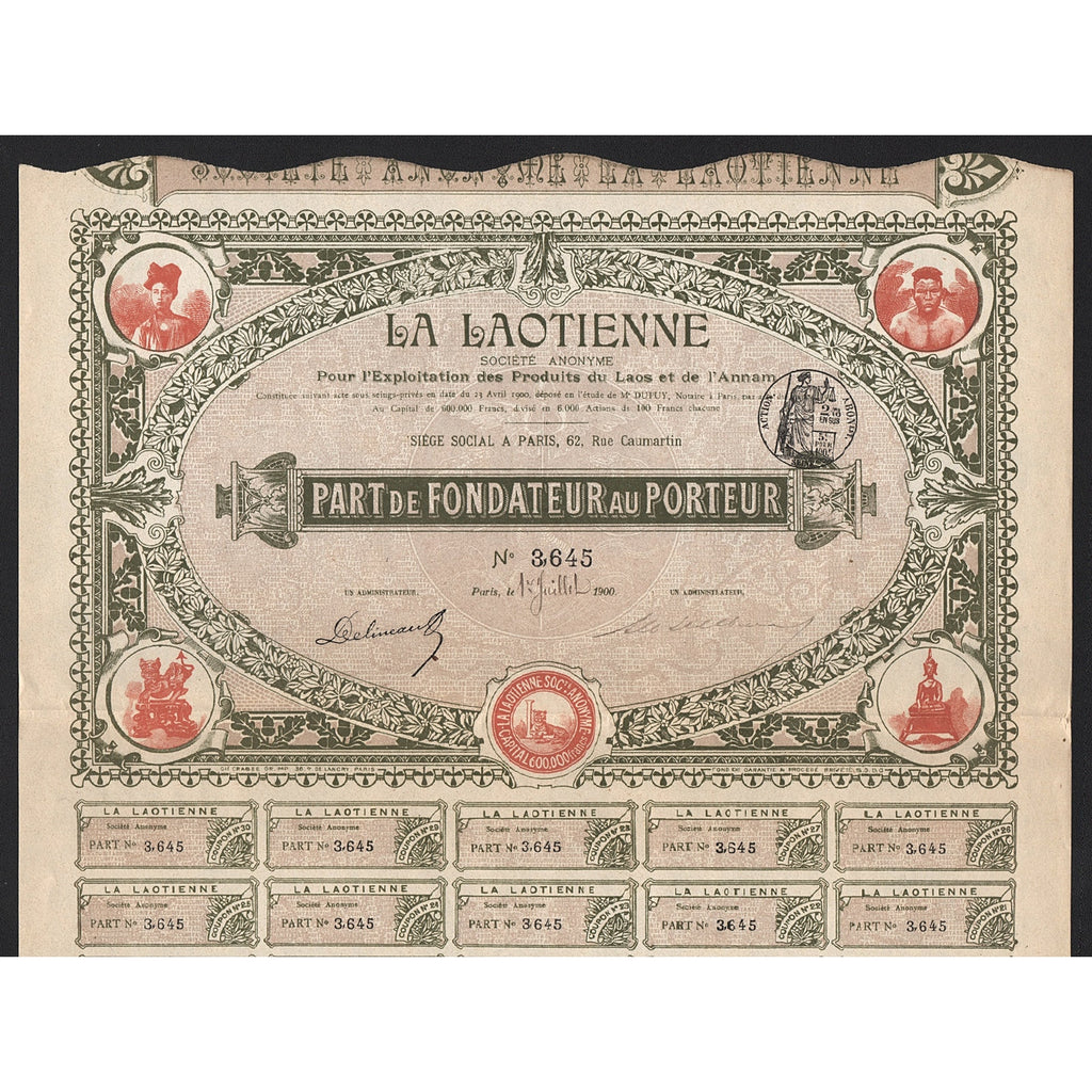 La Laotienne Societe Anonyme Pour l'Exploitation des Produits du Laos et de l'Annam Stock Certificate