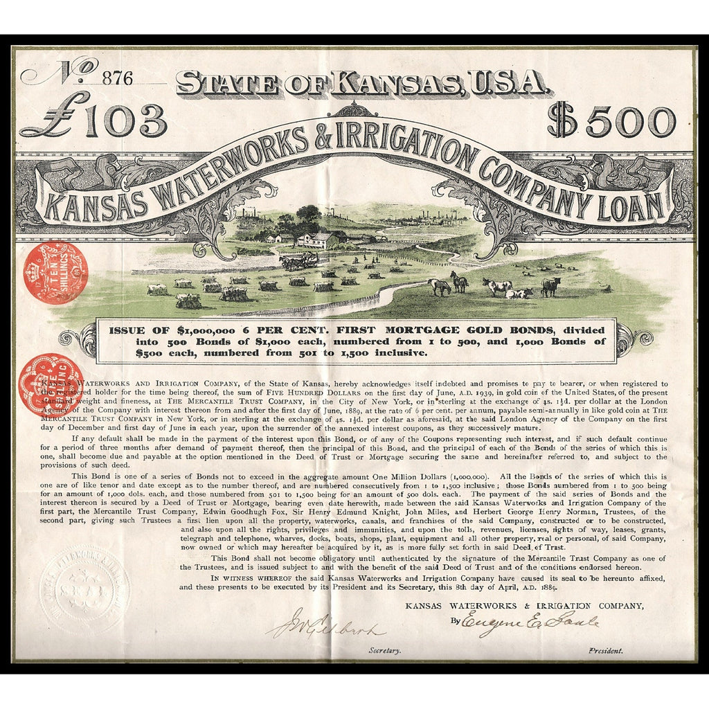 Kansas Waterworks & Irrigation Company Loan 1889 Bond Certificate