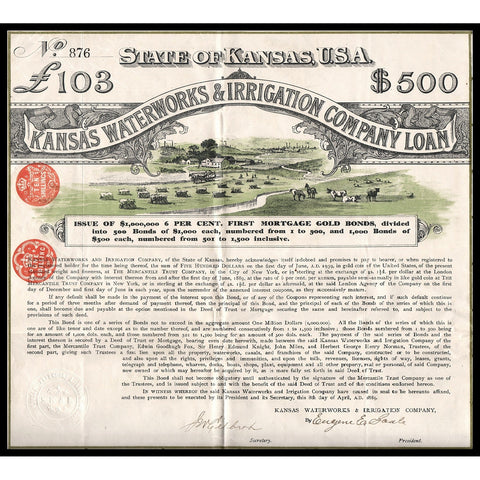 Kansas Waterworks & Irrigation Company Loan 1889 Bond Certificate