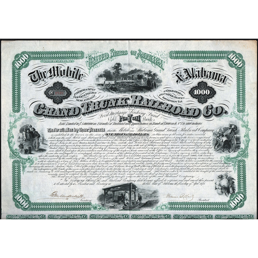 The Mobile & Alabama Grand Trunk Railroad Co. 1874 Bond Certificate