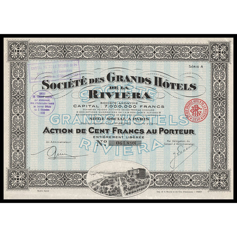 Societe des Grands Hotels de la Riviera France Stock Certificate