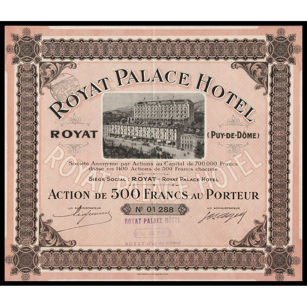 Royat Palace Hotel Societe Anonyme 1910 France Stock Certificate