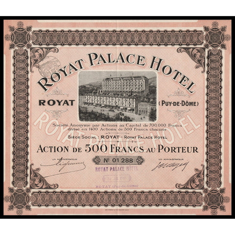 Royat Palace Hotel Societe Anonyme 1910 France Stock Certificate