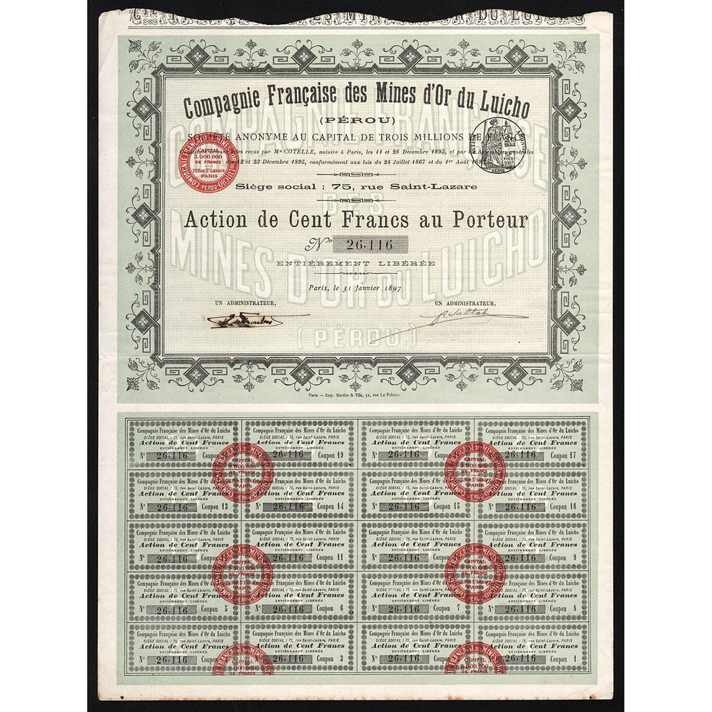 Compagnie Francaise des Mines d'Or du Luicho (Perou) Stock Certificate