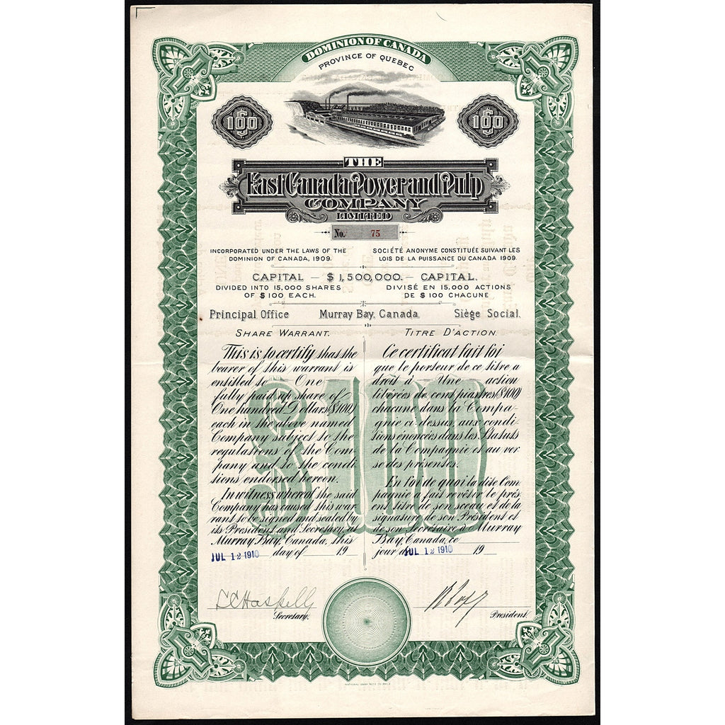 The East Canada Power and Pulp Company Quebec Stock Certificate