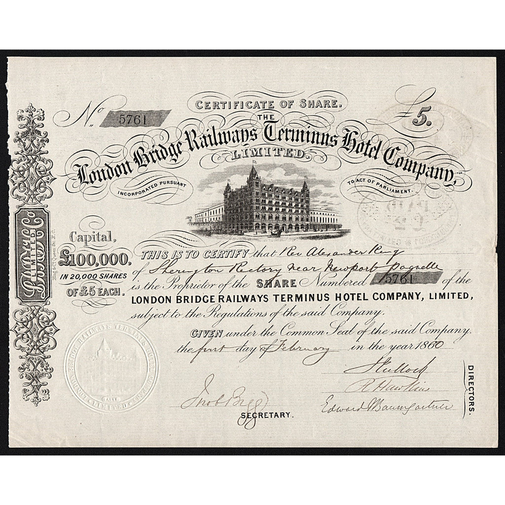 The London Bridge Railways Terminus Hotel Company Share Certificate