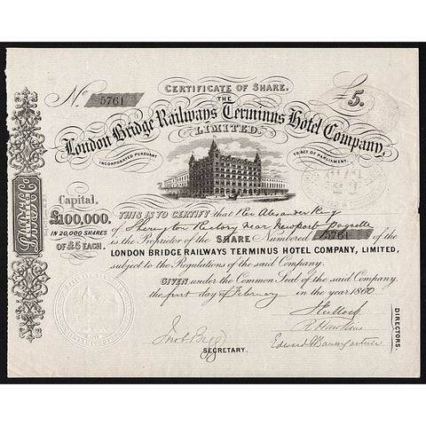 The London Bridge Railways Terminus Hotel Company Share Certificate