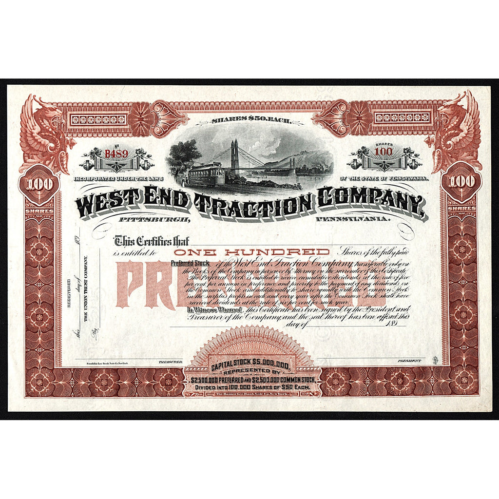 West End Traction Company Pennsylvania Stock Certificate
