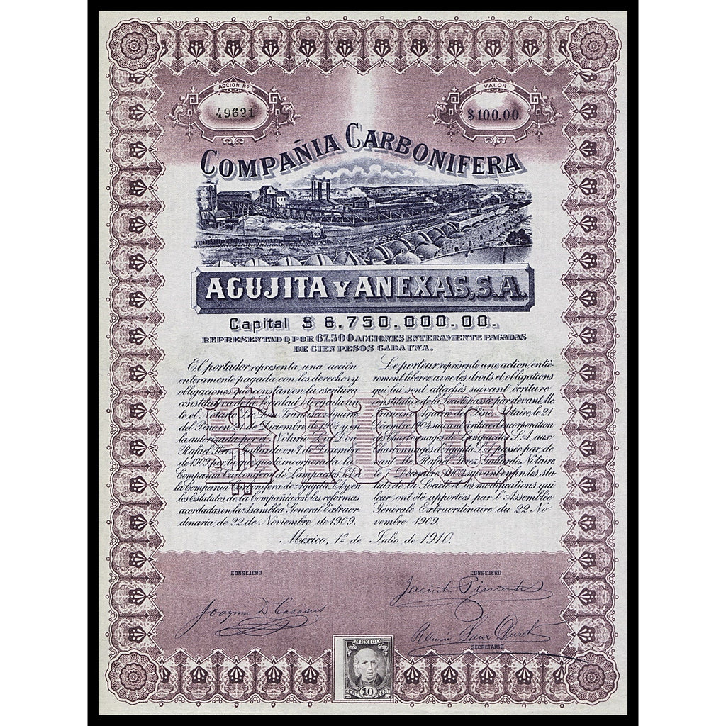 Compania Carbonifera Agujita y Anexas 1910 Mexico Stock Certificate