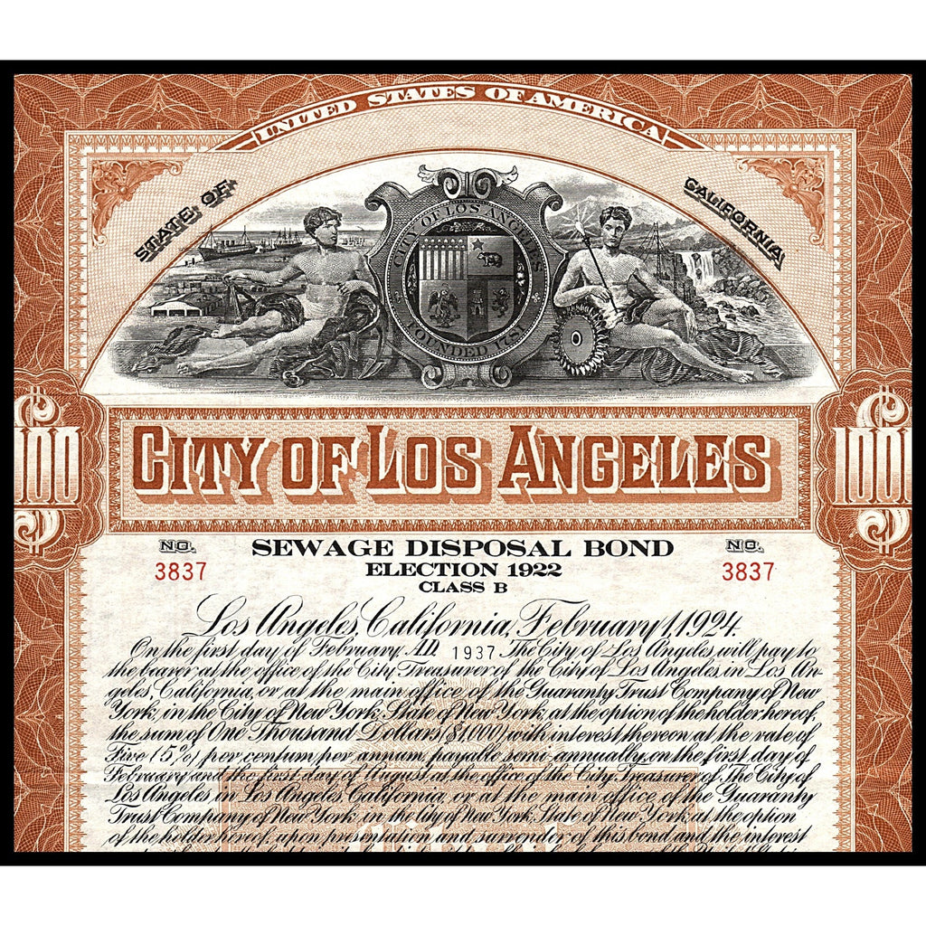 City of Los Angeles, Sewage Disposal Bond, Election 1922 Stock Certificate