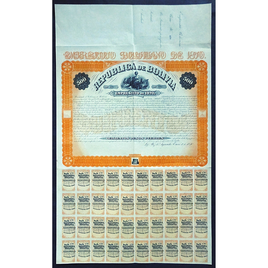 Republica de Bolivia, Emprestito de 1870 - 500 Pesos Bond Certificate