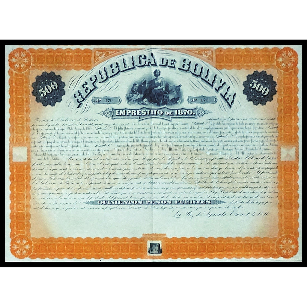 Republica de Bolivia, Emprestito de 1870 - 500 Pesos Stock Certificate