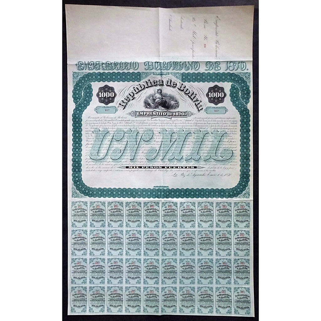Republica de Bolivia, Emprestito de 1870 - 1000 Pesos Bond Certificate