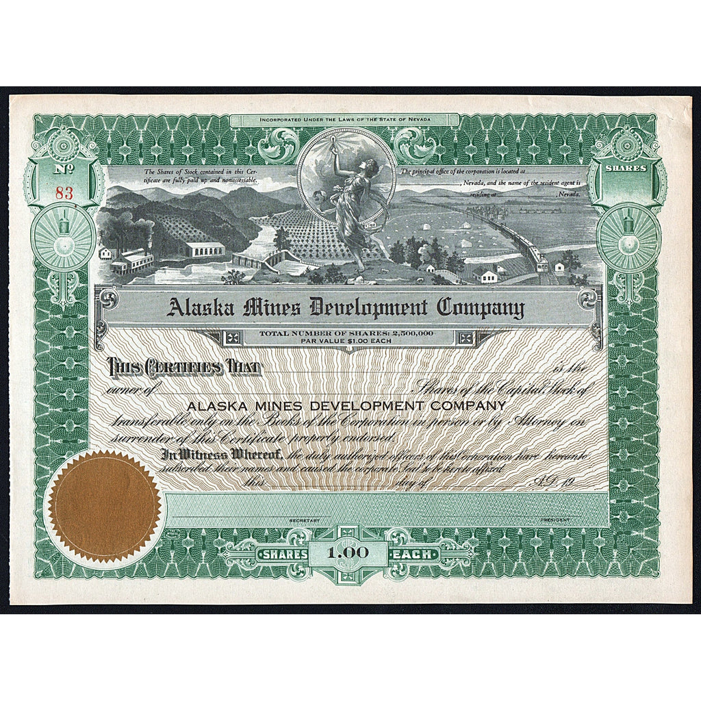 Alaska Mines Development Company Nevada Mining Stock Certificate