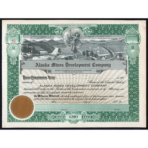 Alaska Mines Development Company Nevada Mining Stock Certificate