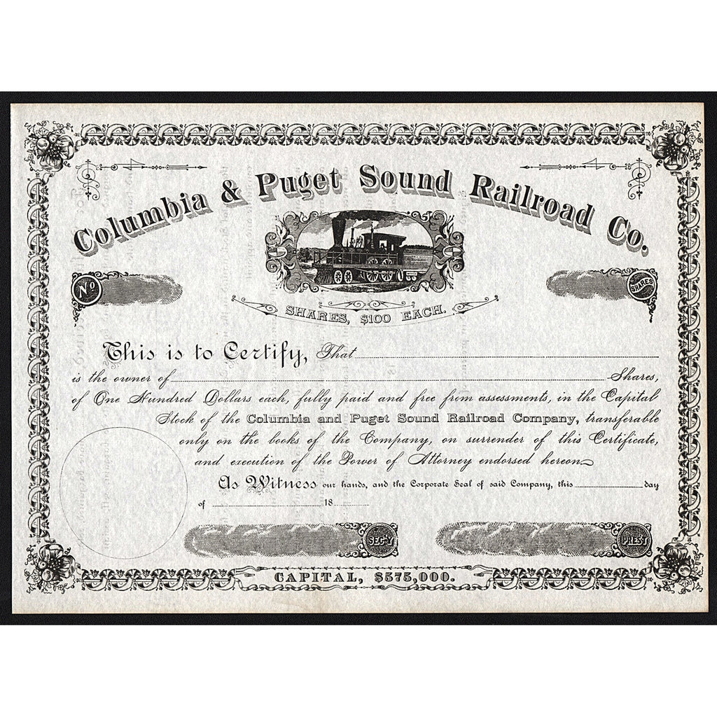 Columbia & Puget Sound Railroad Company Stock Certificate